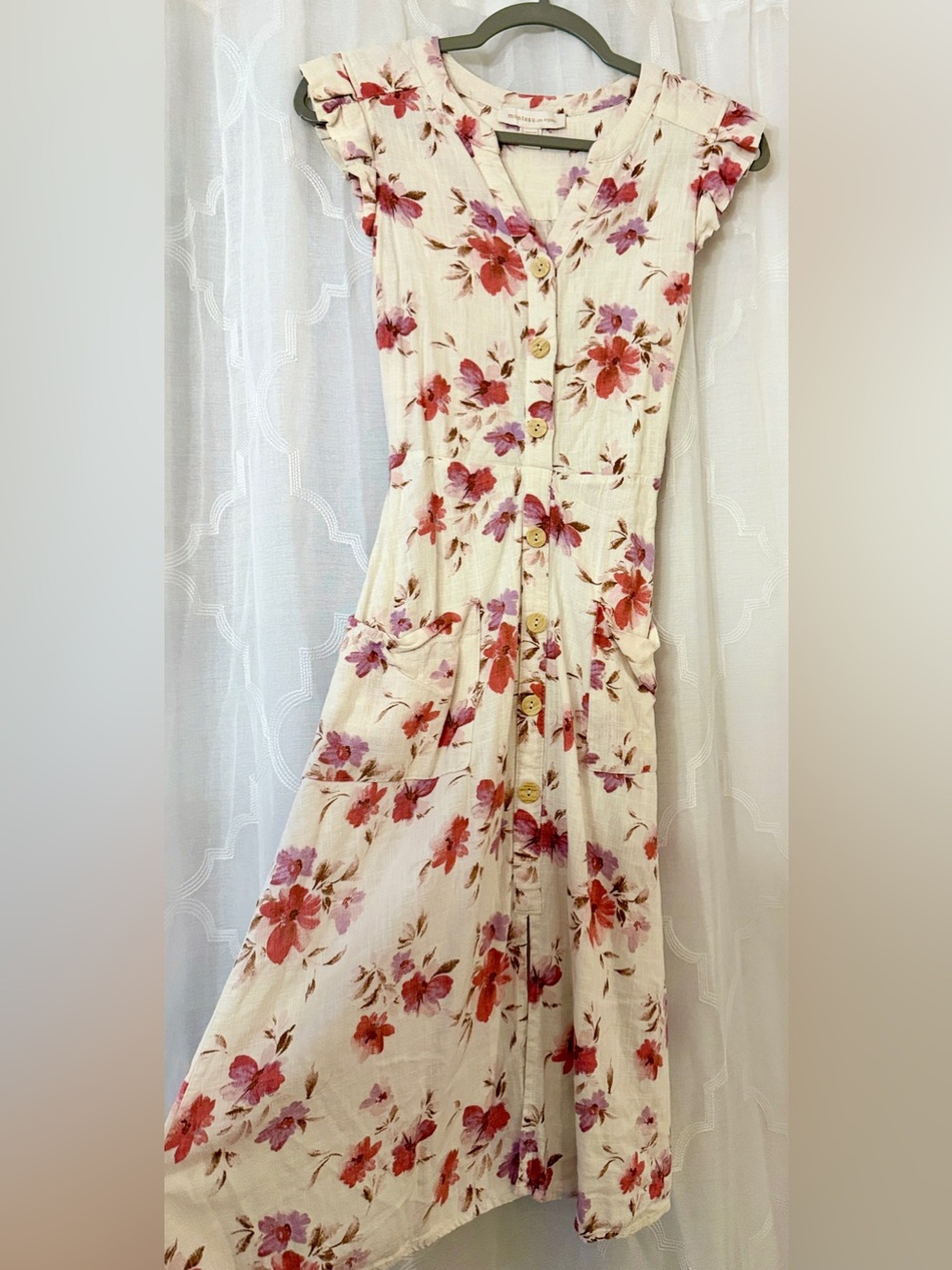 Monteau Cream Floral Midi Dress Medium Cottagecore Button Front Dress - Picture 4 of 16